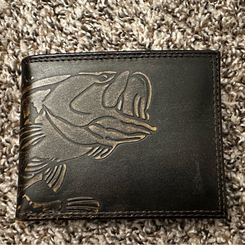 Men's Black Leather Wallet with a bass on it